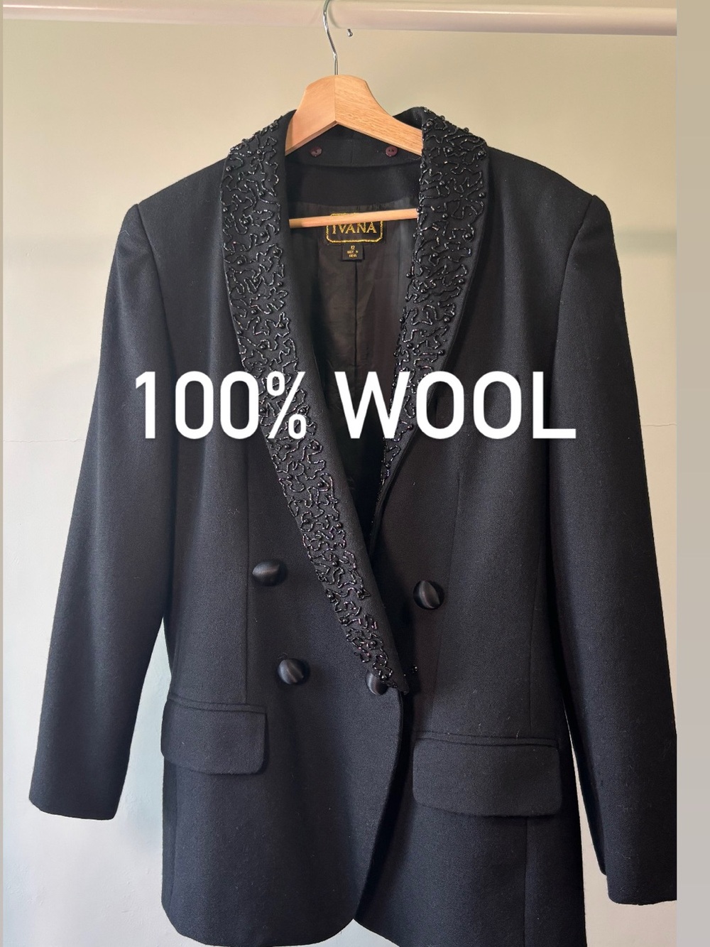 Ivana Vintage Black Beaded Shawl Collar Blazer | 100% silk | size 12